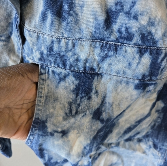 Mebon Machine Chambray Romper Jumpsuit Women L Blue Denim LongSleeve Tye Dye - Picture 11 of 16